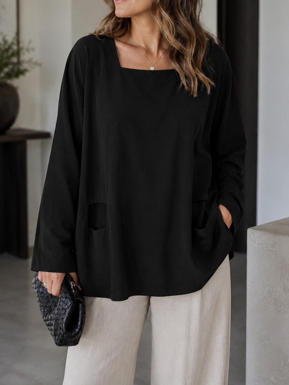 Elan Lagenlook Abstract Cut-Out Oversized Tunic Shirt Black 1X